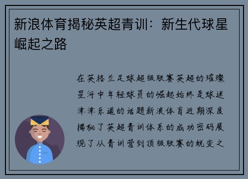 新浪体育揭秘英超青训：新生代球星崛起之路