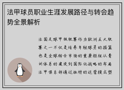 法甲球员职业生涯发展路径与转会趋势全景解析