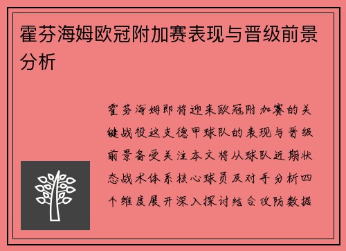 霍芬海姆欧冠附加赛表现与晋级前景分析